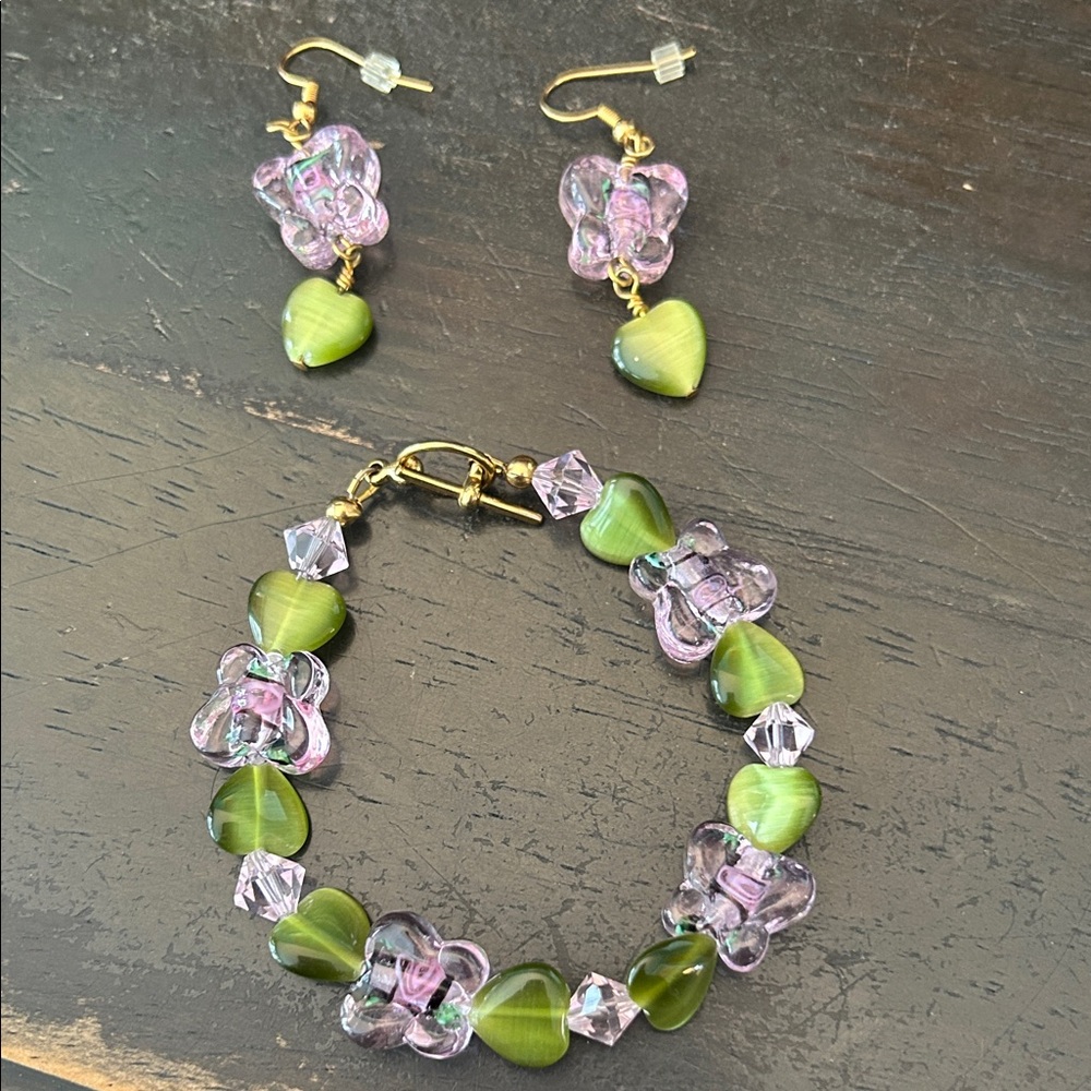 Handmade Green and Pink Heart & Butterfly Jewelry Set